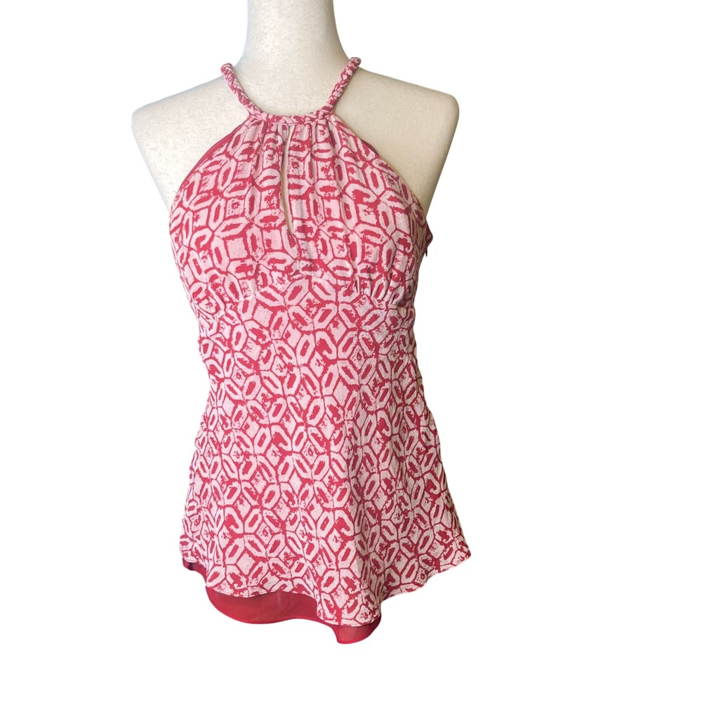 Michael Kors Halter Top Womens 8 Red Silk Geometric Braided Summer Chic Resort